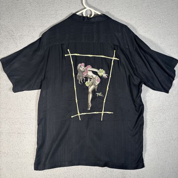 Club Tiki Button Down Shirt Men’s Size L Black Silk Hawaiian Pinup Embroidery - Picture 1 of 12